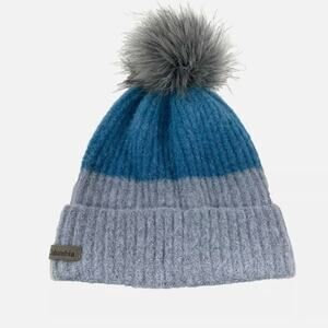 Columbia Pom Pom Beanie Sock Hat Knit Cap Toboggan Blue Gray Winter Unisex 0/S